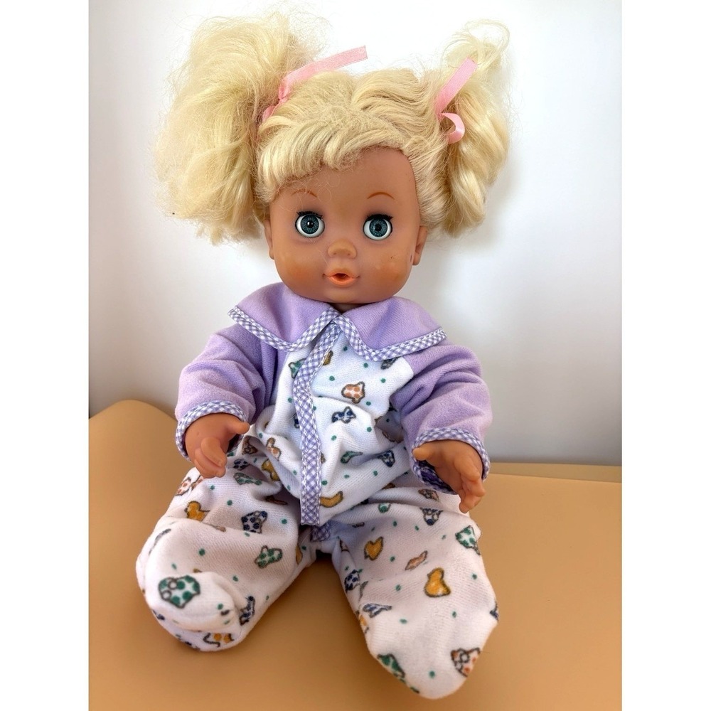 Blonde pigtails Baby Doll 12" blue sleep eyes open mouth drink wet vinyl body